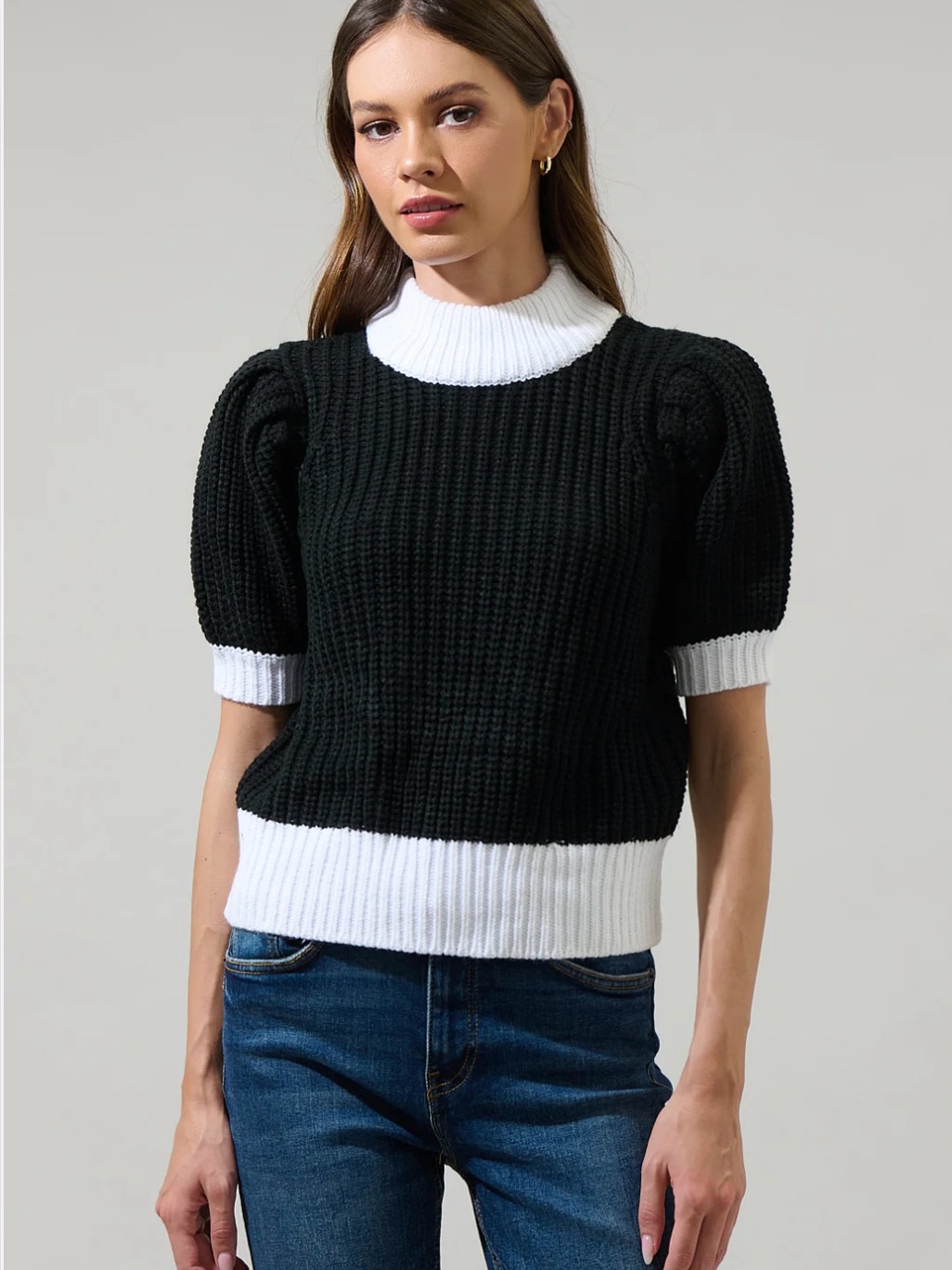 Sugarlips Winry Color Block Sweater Top Black & White Ribbed